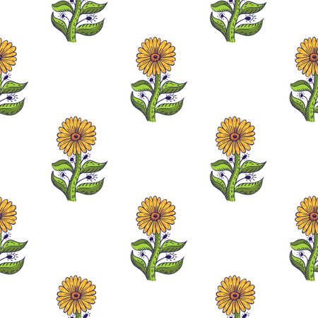 Bloom seamless pattern with yellow sunflowers and green foliage branches. Isolated blossom backdrop. Vector illustration for seasonal textile prints, fabric, banners, backdrops and wallpapers.のイラスト素材
