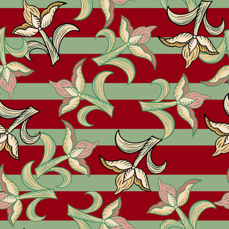 Retro style botany seamless pattern with random tulip flowers print. Green and red striped background. Graphic design for wrapping paper and fabric textures. Vector Illustration.のイラスト素材