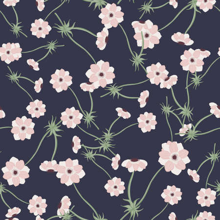 Nature seamless pattern with random little pink anemone flowers print. Navy blue dark background. Stock illustration. Vector design for textile, fabric, giftwrap, wallpapers.のイラスト素材