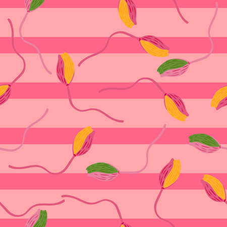 Bloom seamless pattern with random poppy bud yellow and green flowers elements. Pink striped background. Stock illustration. Vector design for textile, fabric, giftwrap, wallpapers.のイラスト素材