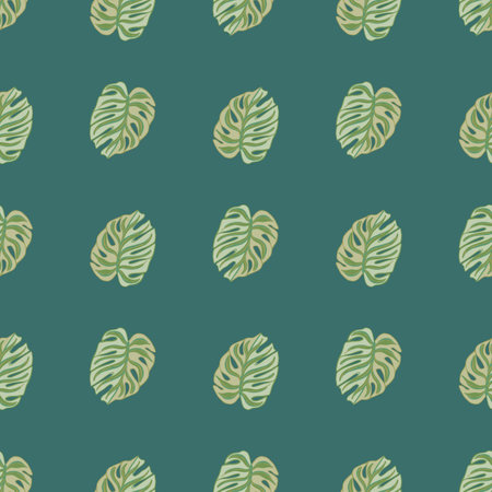 Nature seamless pattern with green monstera elements print. Turquoise background. Summer style print. Vector illustration for seasonal textile prints, fabric, banners, backdrops and wallpapers.のイラスト素材