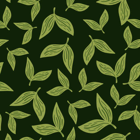 Cute simple leaves ornament seamless pattern in hand drawn style. Green background. Nature backdrop. Vector illustration for seasonal textile prints, fabric, banners, backdrops and wallpapers.のイラスト素材