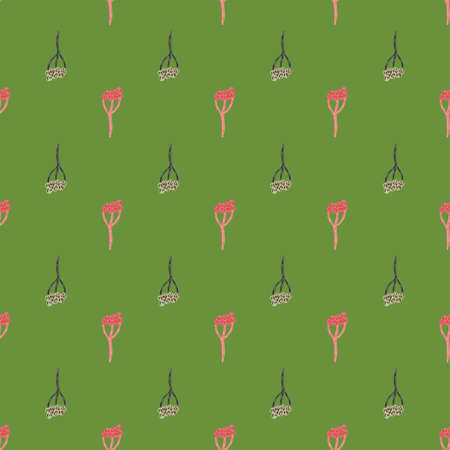 Small yarrow silhouettes seamless pattern in hand drawn style. Green background. Nature backdrop. Graphic design for wrapping paper and fabric textures. Vector Illustration.のイラスト素材