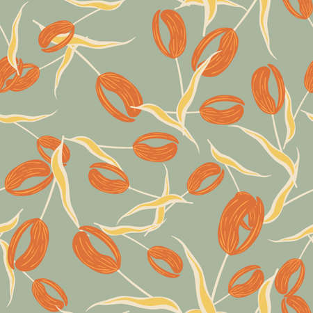 Random orange tulip flower silhouettes seamless pattern in pastel tones. Pale blue background. Decor print. Graphic design for wrapping paper and fabric textures. Vector Illustration.のイラスト素材