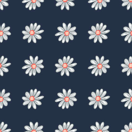 Seamless pattern with geometric daisy flowers silhouettes. Navy blue background. Nature print. Vector design for textile, fabric, giftwrap, wallpapersのイラスト素材