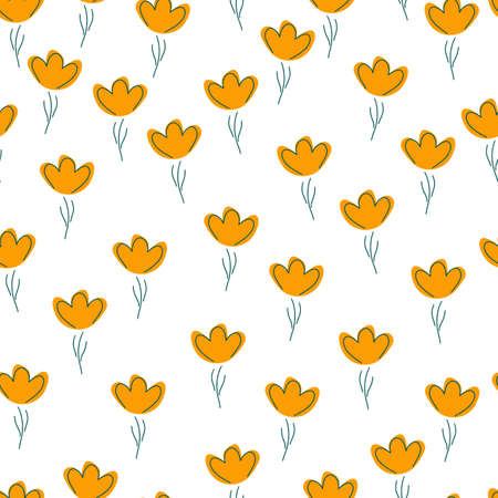 Isolated seamless pattern with little random orange flowers silhouettes ornament. White background. Doodle style. Vector illustration for seasonal textile prints, fabric, banners, backdropsのイラスト素材
