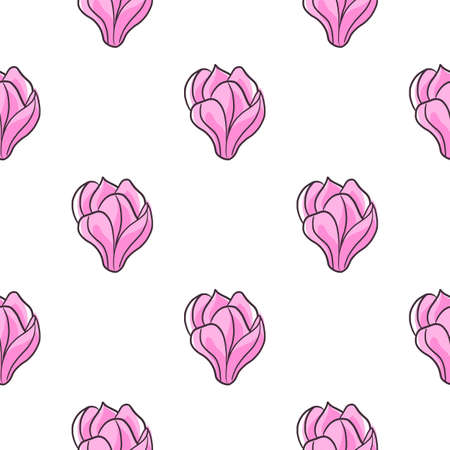 Seamless botany pattern with pink contoured magnolia ornament. Isolated flowers creative backdrop. Flat vector print for textile, fabric, giftwrap, wallpapers. Endless illustration.のイラスト素材
