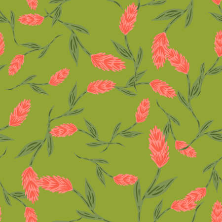Random decorative seamless pattern with pink ear of wheat elements print. Green background. Plants print. Graphic design for wrapping paper and fabric textures. Vector Illustration.のイラスト素材