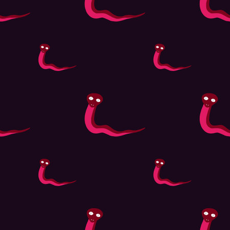 Funny pink snakes silhouettes seamless pattern in hand drawn style, Dark purple background. Contrast colors. Stock illustration. Vector design for textile, fabric, giftwrap, wallpapers.のイラスト素材