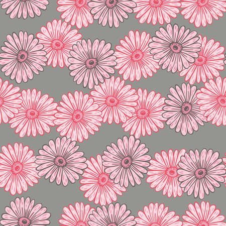Blossom seamless doodle pattern with pink sunflower shapes print. Gray background. Vintage artwork. Vector illustration for seasonal textile prints, fabric, banners, backdrops and wallpapers.のイラスト素材