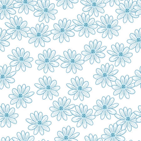 Isolated seamless pattern with random blue contoured daisy flower silhouettes. White background. Stock illustration. Vector design for textile, fabric, giftwrap, wallpapers.のイラスト素材