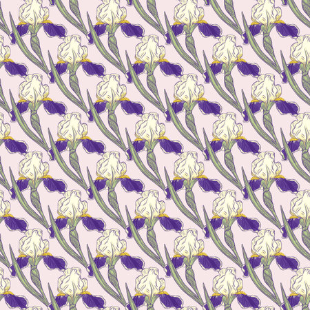 Purple little iris flowers ornate seamless pattern in hand drawn style. Light pink background. Vector illustration for seasonal textile prints, fabric, banners, backdrops and wallpapers.のイラスト素材