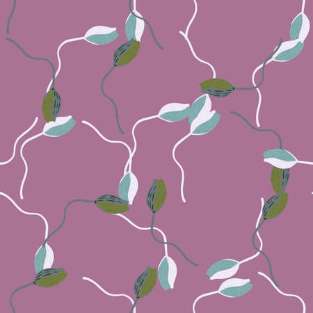 Seamless pattern with simple poppy bud flower shapes. Pastel purple background. Random print. Stock illustration. Vector design for textile, fabric, giftwrap, wallpapers.のイラスト素材