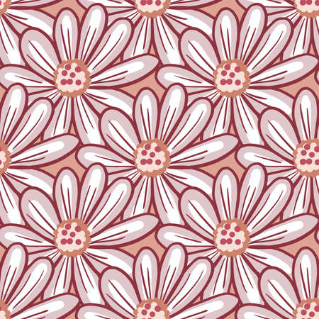 Contoured spring time seamless pattern with doodle daisy flowers ornament. Pink background. Abstract style. Stock illustration. Vector design for textile, fabric, giftwrap, wallpapers.のイラスト素材