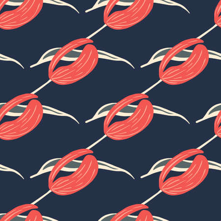Botanic seamless pattern with bright pink simple tulip flowers elements. Navy blue background. Graphic design for wrapping paper and fabric textures. Vector Illustration.のイラスト素材
