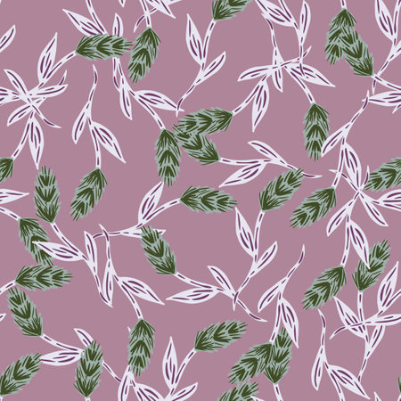 Vintage style seamless pattern with green random ear of wheat elements. Pastel purple background. Graphic design for wrapping paper and fabric textures. Vector Illustration.のイラスト素材