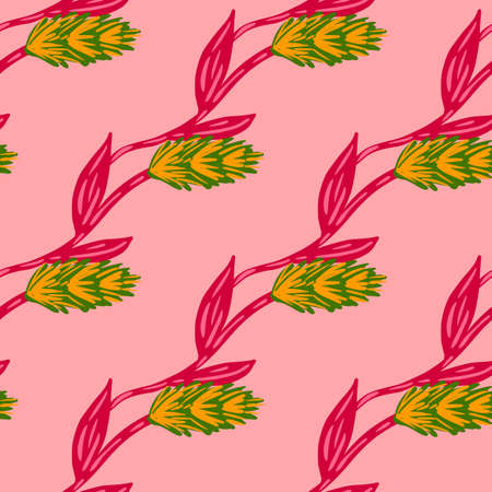 Yellow and green colored ear of wheat ornament seamless doodle pattern. Bright pink background. Farm print. Graphic design for wrapping paper and fabric textures. Vector Illustration.のイラスト素材