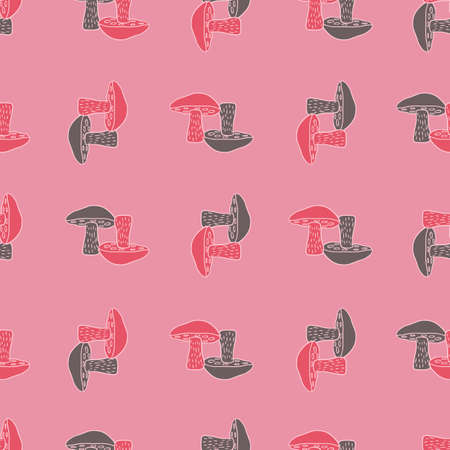 Forest food seamless pattern with gray and pink Leccinum scabrum mushroom elements. Bright background. Stock illustration. Vector design for textile, fabric, giftwrap, wallpapers.のイラスト素材