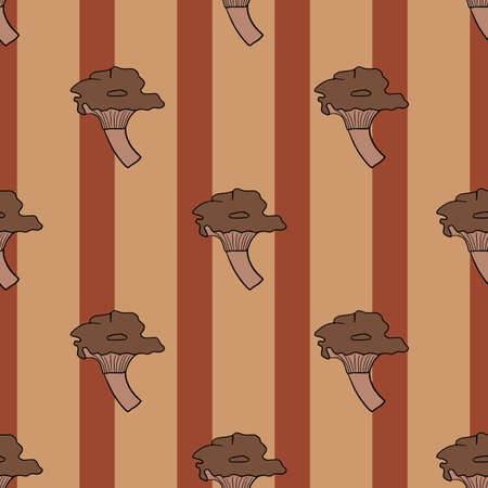 Decorative autumn seamless pattern with brown cantharellus cibarius mushroom print. Striped background. Stock illustration. Vector design for textile, fabric, giftwrap, wallpapersのイラスト素材