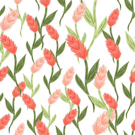 Pink colored random ear of wheat elements shapes seamless pattern, Isolated backdrop. Nature print. Graphic design for wrapping paper and fabric textures. Vector Illustration.のイラスト素材