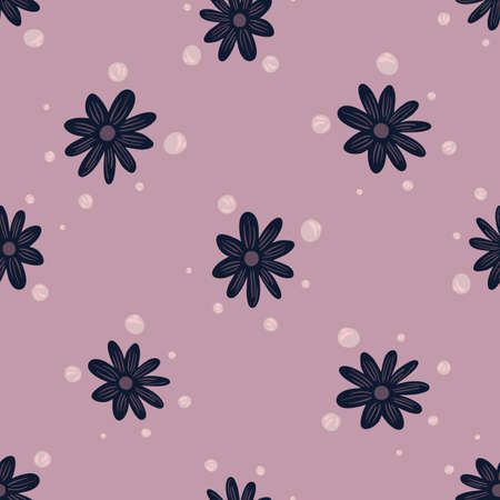 Organic seamless pattern with navy blue flowers doodle print. Lilac background. with bubbles shapes. Flat vector print for textile, fabric, giftwrap, wallpapers. Endless illustration.のイラスト素材