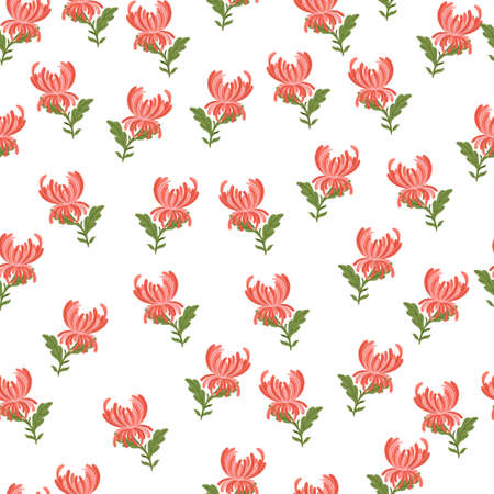 Seamless doodle pattern with pink chrysanthemum flowers print. Simple style. Isolated floral backdrop. Endless illustration. Flat vector print for textile, fabric, gift wrap, wallpapers.のイラスト素材