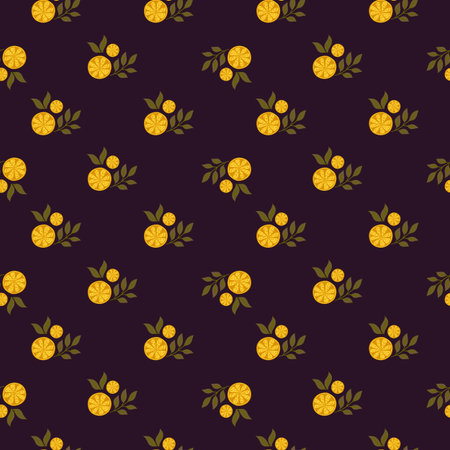 Little orange lemon slices elements seamless doodle pattern. Dark brown background. Simple style....