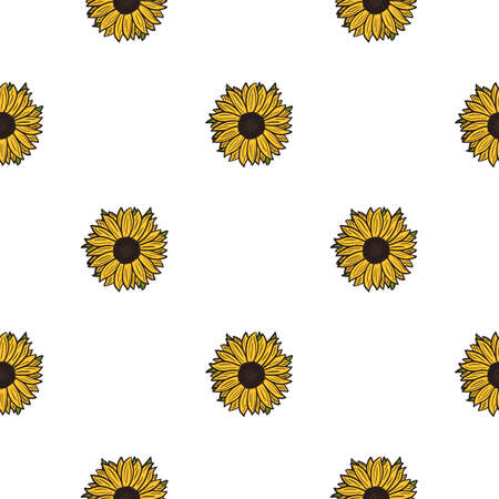 Seamless pattern sunflowers on white background. Beautiful texture with yellow sunflower and leaves. Geometric floral template in doodle style for fabric. Design vector illustration.のイラスト素材