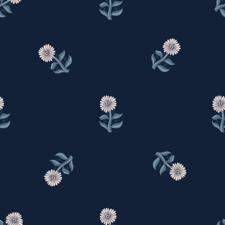 Minimalistic style vintage seamless pattern with doodle sunflower elements. Dark navy blue background. Graphic design for wrapping paper and fabric textures. Vector Illustration.のイラスト素材