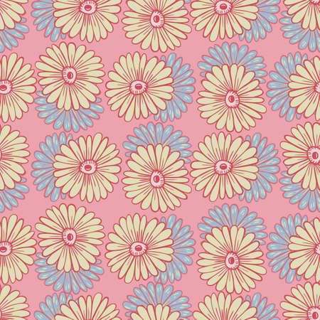Hand drawn seamless pattern with contoured sunflowers shapes. Pastel pink background. Cute floral print. Vector illustration for seasonal textile prints, fabric, banners, backdrops and wallpapers.のイラスト素材