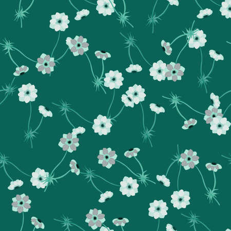 Summer vintage style seamless pattern with decorative anemone flowers elements. Green background. Stock illustration. Vector design for textile, fabric, giftwrap, wallpapers.のイラスト素材