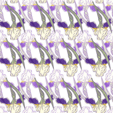 Seamless nature pattern with decorative purple iris flowers shapes. Isolated botanuc floral print. Vector illustration for seasonal textile prints, fabric, banners, backdrops and wallpapers.のイラスト素材