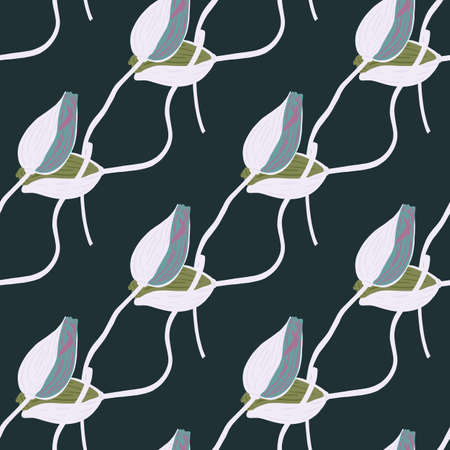 Blossom seamless pattern with blue colored poppy bud flower shapes. Dark navy blue background. Simple style. Stock illustration. Vector design for textile, fabric, giftwrap, wallpapers.のイラスト素材