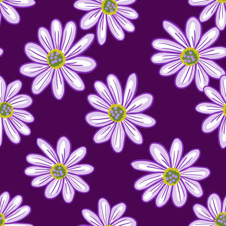 Simple floral seamless pattern with contoured daisy flowers shapes. Purple background. Natural backdrop. Stock illustration. Vector design for textile, fabric, giftwrap, wallpapers.のイラスト素材