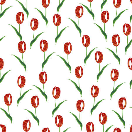Red tulip flowers elements seamless pattern in bloom style. Isolated creative print. Random floral backdrop. Graphic design for wrapping paper and fabric textures. Vector Illustration.のイラスト素材