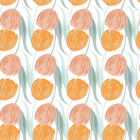 Decorative floral seamless pattern with orange hand drawn tulip flowers shapes. White background. Isolated print. Flat vector print for textile, fabric, giftwrap, wallpapers. Endless illustration.のイラスト素材