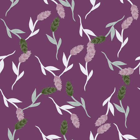 Seamless pattern with random decorative ear of wheat elements print. Purple background. Flat backdrop. Graphic design for wrapping paper and fabric textures. Vector Illustration.のイラスト素材