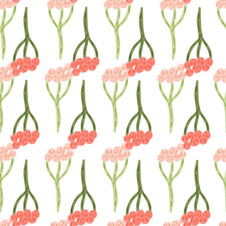 Isolated seamless pattern with pink colored yarrow shapes. White background. Botany natural artwork. Graphic design for wrapping paper and fabric textures. Vector Illustration.のイラスト素材