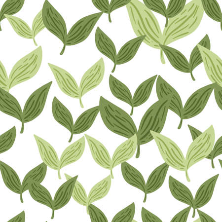 Pastel green leaf minimalistic ornament seamless pattern. White background. Isolated backdrop. Foliage print. Vector illustration for seasonal textile prints, fabric, banners, backdrops and wallpapersのイラスト素材