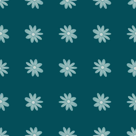 Meadow botany seamless pattern with decorative flowers daisy print. Turquoise-blue floral backdrop. Graphic design for wrapping paper and fabric textures. Vector Illustration.のイラスト素材