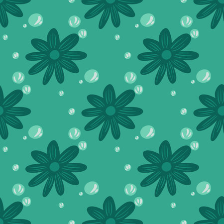 Hand drawn seamless pattern with abstract decorative flowers ornament. Turquoise background. Flat vector print for textile, fabric, giftwrap, wallpapers. Endless illustration.のイラスト素材