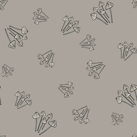 Gray colors abstract seamless pattern with hand drawn random psilocybe semilanceata mushroom print. Stock illustration. Vector design for textile, fabric, giftwrap, wallpapers.のイラスト素材