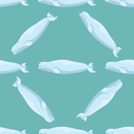 Seamless pattern Beluga on teal background. Template of cartoon character of ocean for children. Repeated diagonal texture with marine cetacean. Design for any purposes. Vector illustration.のイラスト素材