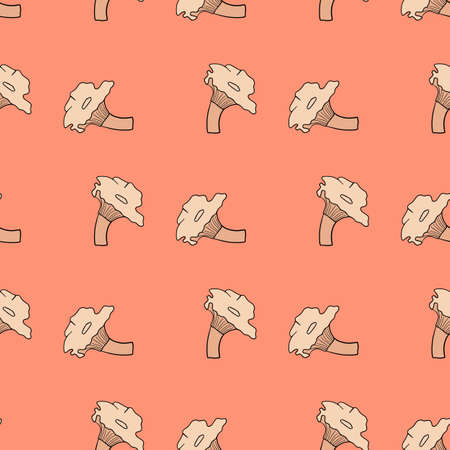 Seasonal fall seamless pattern with cantharellus cibarius mushroom ornament. Pink pastel background. Stock illustration. Vector design for textile, fabric, giftwrap, wallpapersのイラスト素材