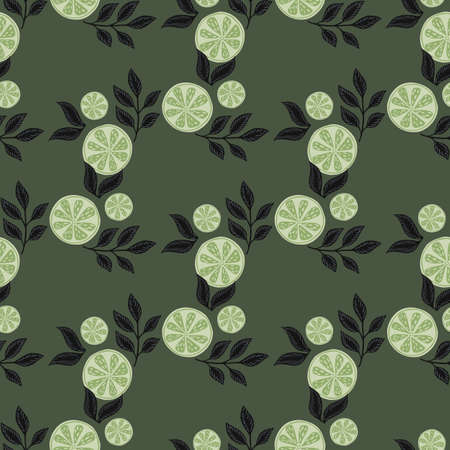 Abstract geometric lemon slice ornament with leaves seamless pattern. Dark pale green background. Stock illustration. Vector design for textile, fabric, giftwrap, wallpapers.のイラスト素材