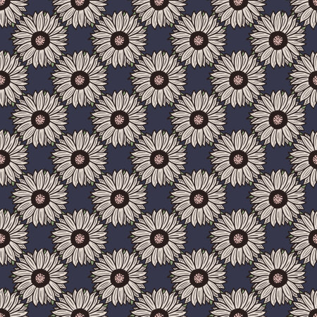 Seamless pattern sunflowers dark gray background. Simple texture with light sunflower. Geometric floral template in doodle style for fabric. Design vector illustration.のイラスト素材