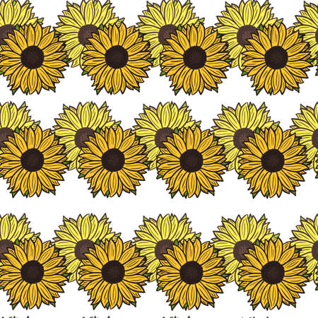 Seamless pattern sunflowers on white background. Beautiful texture with bright yellow sunflower and leaves. Geometric floral template n doodle style for fabric. Design vector illustration.のイラスト素材