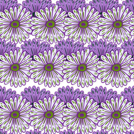 Purple contoured decorative sunflower elements seamless doodle pattern. Isolated natural artwork. Vector illustration for seasonal textile prints, fabric, banners, backdrops and wallpapers.のイラスト素材