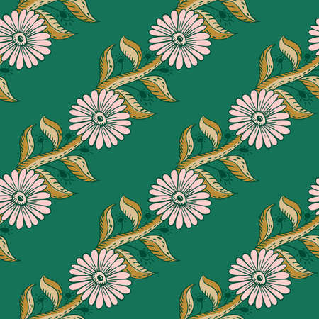 Natural diagonal pink sunflowers print seamless pattern. Bright turquoise background. Garden print. Graphic design for wrapping paper and fabric textures. Vector Illustration.のイラスト素材