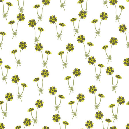 Doodle seamless floral pattern with green little anemone flower branches shapes. White background. Stock illustration. Vector design for textile, fabric, giftwrap, wallpapers.のイラスト素材